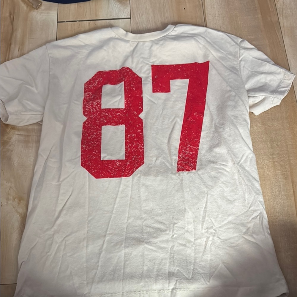 Red and White Short Sleeve Tee with Vintage Number